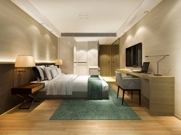 Rendering Schöne Luxus Schlafzimmer Suite Hotel Mit Arbeitstisch Der Nähe — Stockfoto