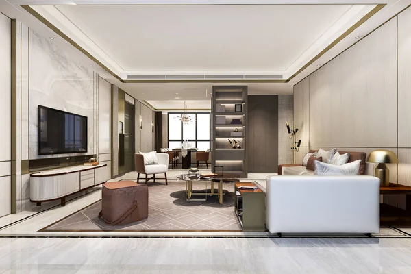3d rendering loft luxury living room with bookshelf near dining table