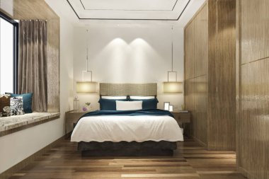 3D, kostüm dolabı olan modern yatak odası süiti. 