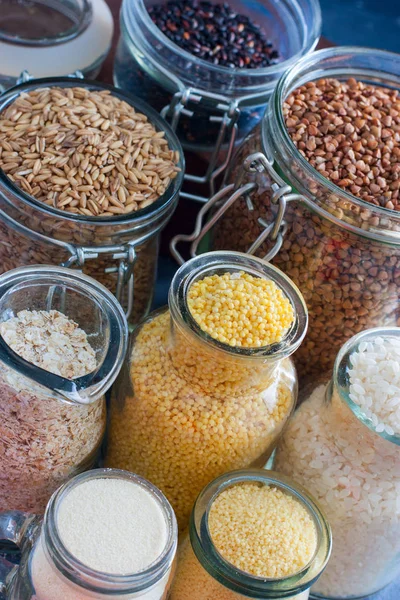 Rice White Black Millet Oatmeal Ground Grains Couscous Buckwheat Semolina — Stock Photo, Image