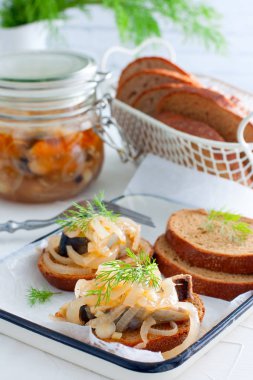 Marine ringa balığı ve soğan çavdar ekmeği, seçici odak üzerinde