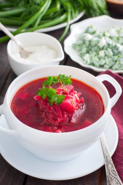 Vejetaryen borsch plaka, seçici odak hizmet veren bir beyaz taze otlar ile