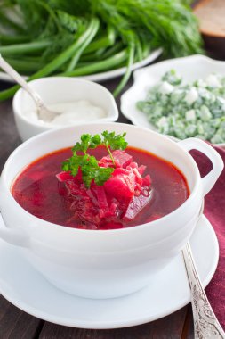 Vejetaryen borsch plaka, seçici odak hizmet veren bir beyaz taze otlar ile