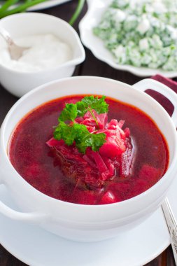 Vejetaryen borsch plaka, seçici odak hizmet veren bir beyaz taze otlar ile