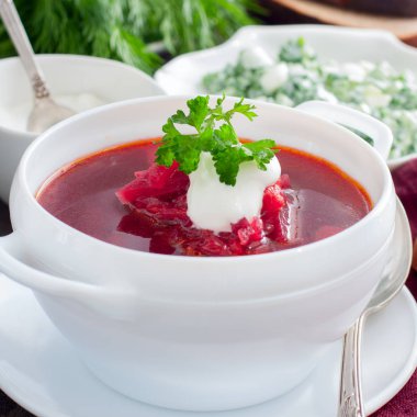 Taze ev yapımı vejetaryen borsch kare beyaz hizmet kase taze otlar ile