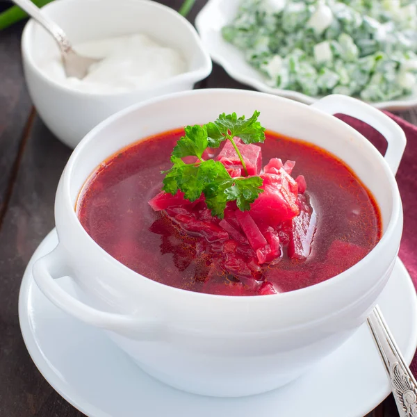 新鲜的自制素食罗宋汤与新鲜草本在白色服务的碗 正方形 — 图库照片