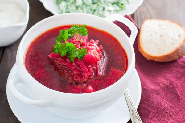 Ukrainian Traditional Borsch Russian Vegetarian Red Soup White Bowl Black — Stock Photo, Image