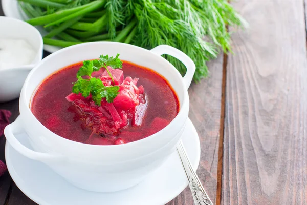 Traditional Ukrainian Russian Cuisine Vegetarian Borscht White Bowl Horizontal Copy — Stock Photo, Image