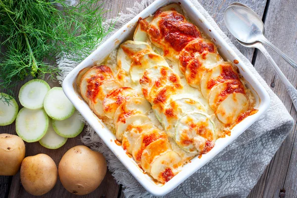 Gratin Van Courgettes Jonge Aardappelen Een Houten Tafel Bovenaanzicht — Stockfoto