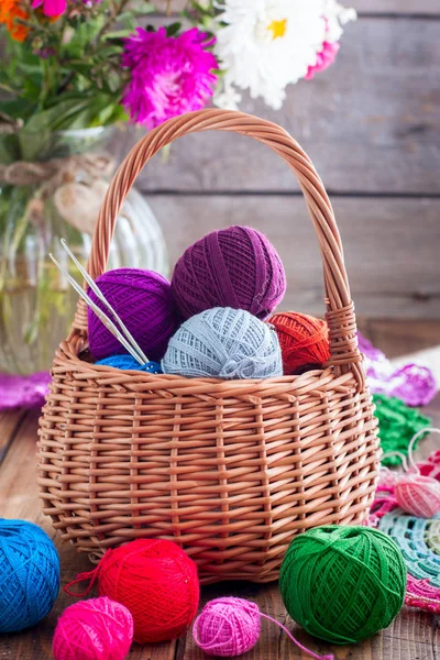 Multi Colored Balls Cotton Thread Crocheting Wicker Basket Wooden Table — Stock Photo, Image
