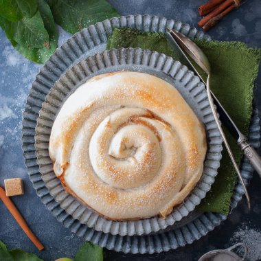 Vertuta, geleneksel Romanya, Moldova veya Balkan elma ile pişirme. Rustik tarzı, seçici odak.