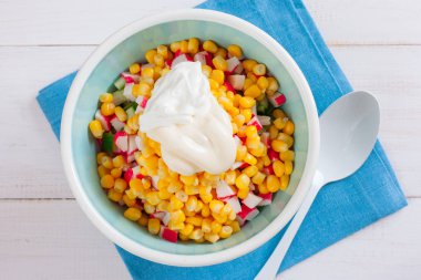 Adım adım yemek salata yengeç sopa, Mısır ve pirinç - adım - 1 mayonez, üstten görünüm