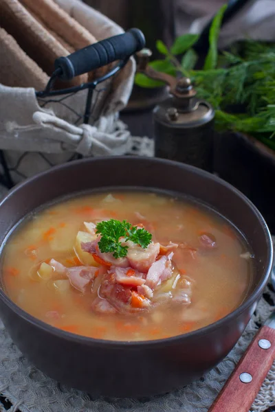 Pea Soup Smoked Chicken Selective Focus — Stock Photo, Image