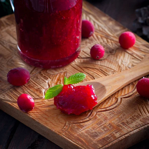 Cranberry Sauce Wooden Board Selective Focus — Stock Photo, Image
