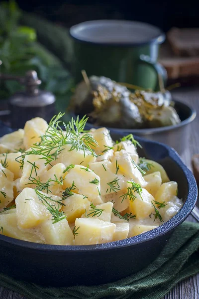 Verse Aardappelen Gekookt Zure Room Selectieve Aandacht — Stockfoto