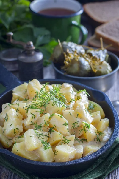 Verse Aardappelen Gekookt Zure Room Selectieve Aandacht — Stockfoto