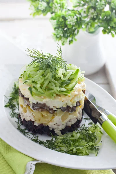 Insalata Pollo Prugna Guarnita Con Cetrioli Verdure Messa Fuoco Selettiva — Foto Stock