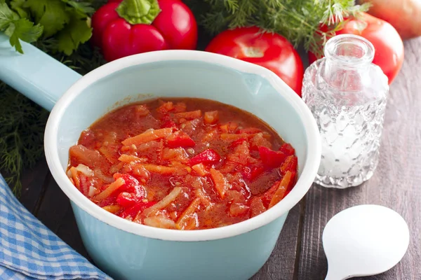 Letcho Con Pomodori Peperoni Carote Mestolo Smaltato Orizzontale — Foto Stock