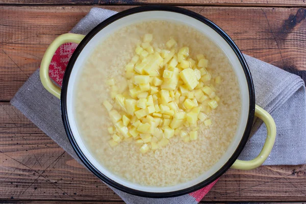 Cuisson Étape Par Étape Kulesh Étape Ajouter Soupe Pommes Terre — Photo