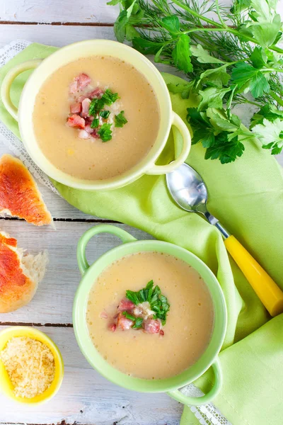 Two Plates Mashed Potato Soup Bacon Top View Selective Focus — Stock Photo, Image