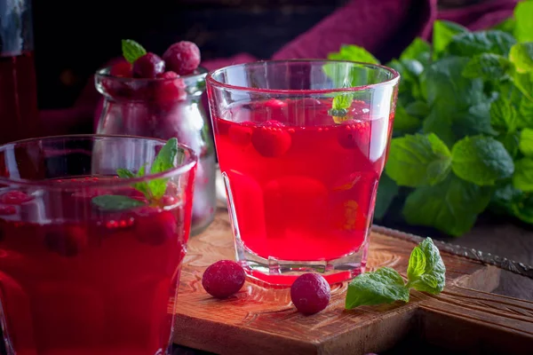 Cranberry Juice Frozen Cranberries Wooden Board Horizontal — Stock Photo, Image