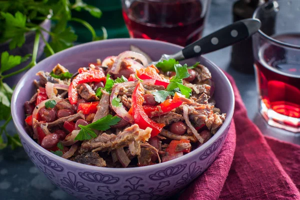 Salad from beef, Bulgarian pepper and beans, salad \