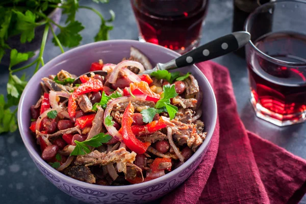 Salad from beef, Bulgarian pepper and beans, salad \