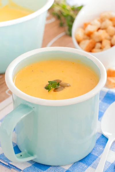Pumpkin Soup Blue Enameled Mug Selective Focus — Stock Photo, Image