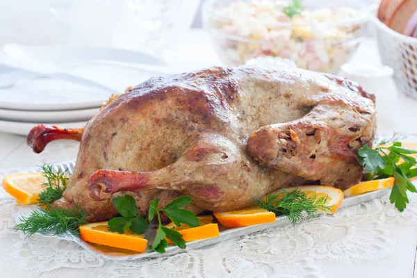 Festive stuffed oranges duck on a dish, horizontal — Stock Photo, Image