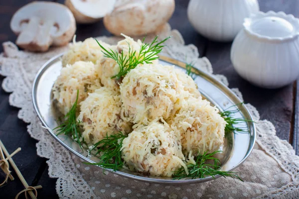 Serving balls with mushrooms in the form of balls with cheese, raffaello, horizontal — Stock Photo, Image