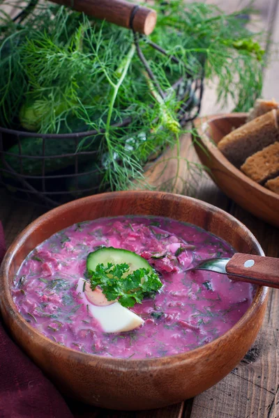 Beetroot, cold summer beet soup, selective focus — Stock Photo, Image