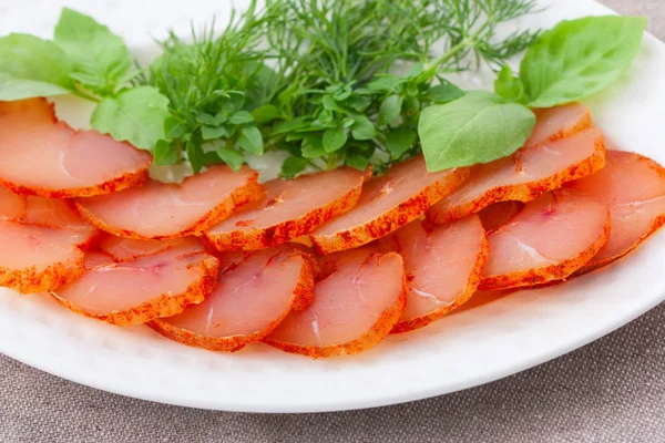 Homemade chicken breast basturma, top view, horizontal — Stock Photo, Image