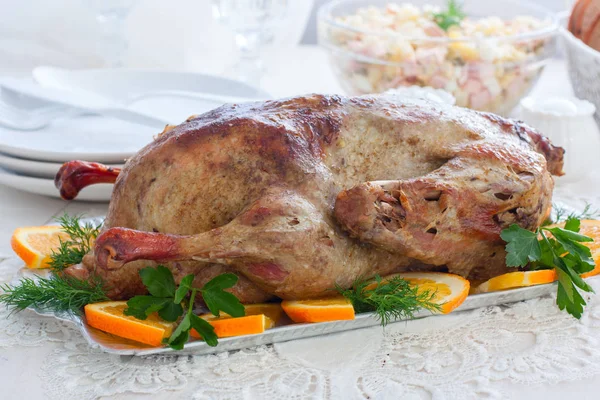 Festive stuffed oranges duck on a dish, horizontal — Stock Photo, Image