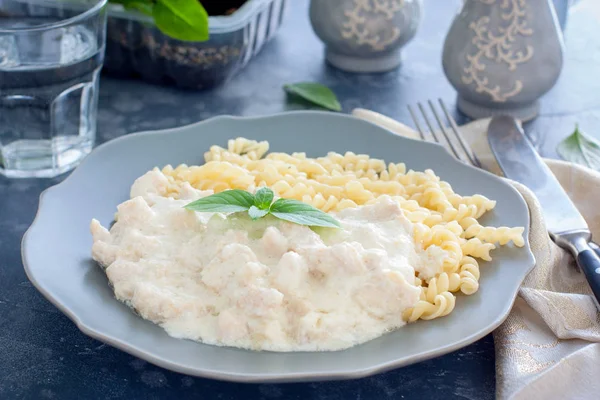 Fricassee, kippenvlees in een romige saus, met pasta, horizontaal — Stockfoto