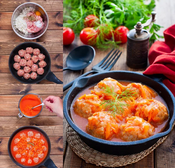 Коллаж поэтапной варки фрикаделек с рисом в томатном соусе с овощами, выборочная фокусировка — стоковое фото