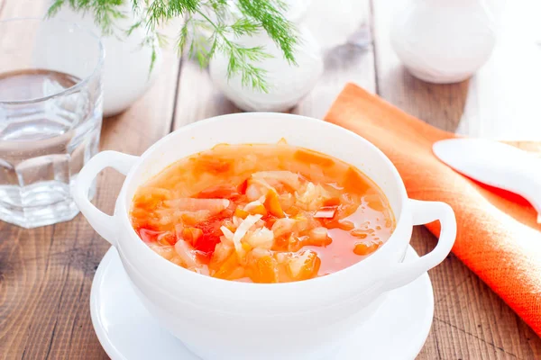 Vegetable soup with onions and cabbage for onion diets in a white bowl, horizontal — Stock Photo, Image