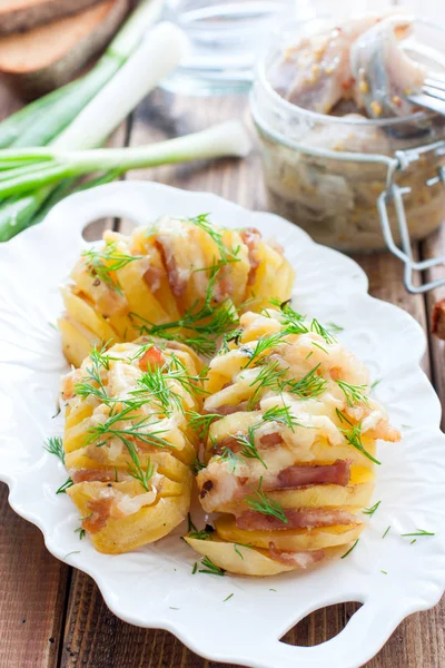 Patata Harmonium con pancetta e formaggio su un piatto bianco, focus selettivo — Foto Stock