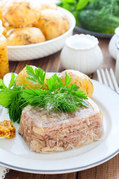 Jellied turkey meat on a white plate, selective focus