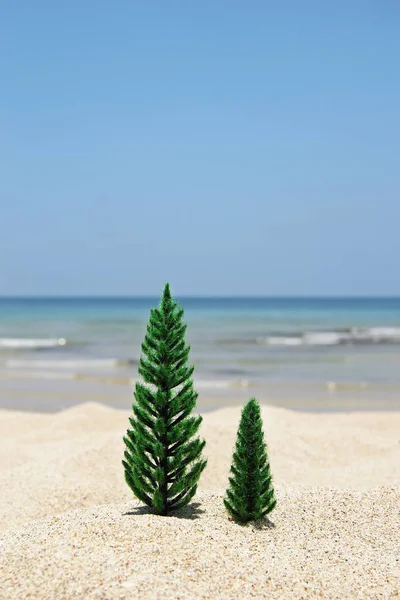 Due Alberi Natale Una Spiaggia Sabbia Sullo Sfondo Del Mare — Foto Stock