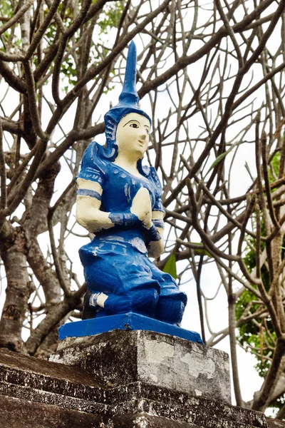 Small Stone Blue White Statue Buddha Temple Background Branches Trees — Stock Photo, Image