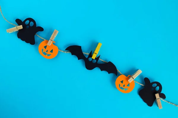 Voorbereiding Voor Halloween Zwart Oranje Papier Decoraties Spoken Pompoenen Vleermuizen — Stockfoto