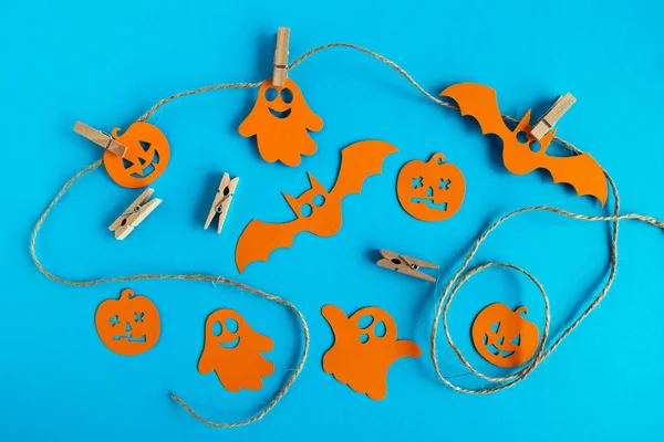 Voorbereiding Voor Vakantie Versieringen Voor Halloween Oranje Papier Spoken Pompoenen — Stockfoto