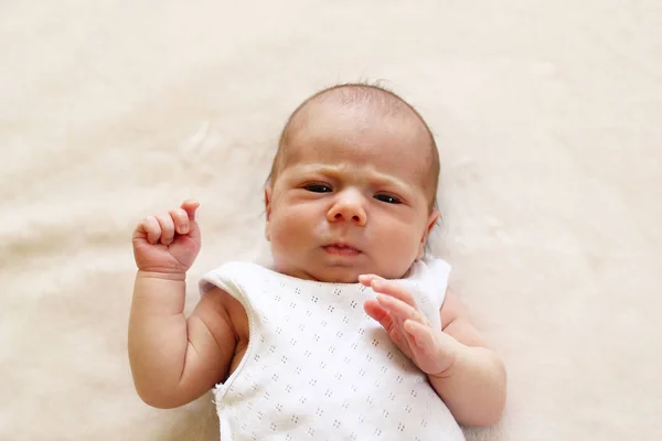 Carino Mese Bambino Seriamente Guardando Fotocamera Una Coperta Beige — Foto Stock