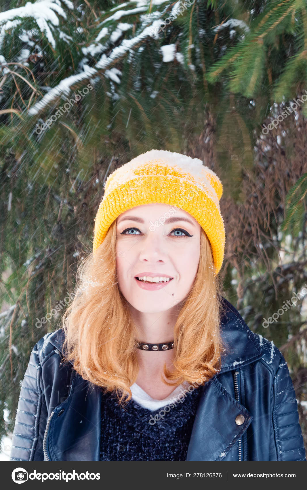 Young Woman Blue Eyes Blond Hair Yellow Knitting Hat Black Stock