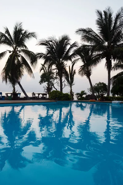 Prázdný Bazén Kokosovými Palmami Pozadí Moře Při Západu Slunce — Stock fotografie