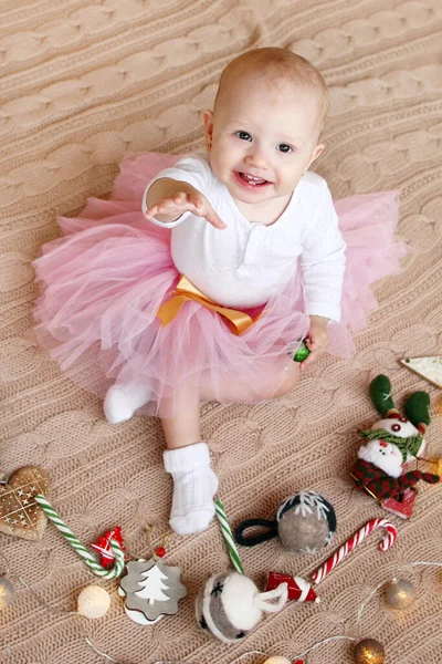 Little Smiling Girl White Blouse Pink Chiffon Skirt Playing Christmas — Stock Photo, Image