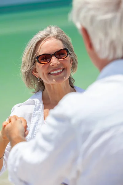 Happy Senior Man Woman Couple Dancing Holding Hands Deserted Tropical — Stock Photo, Image