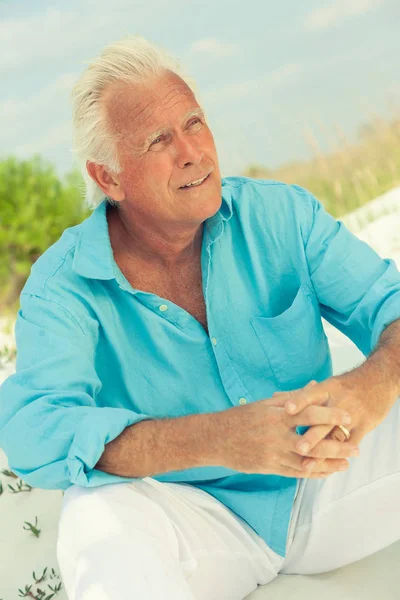 Portrait Happy Attractive Handsome Senior Man Sitting Beach Looking Thoughtful — Stock Photo, Image