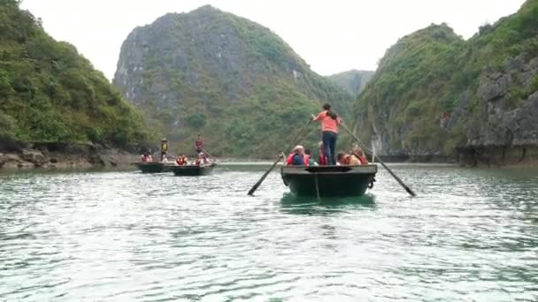 Tourists Traditional Boats Long Bay Cat National Park Vietnam April — Stock Video