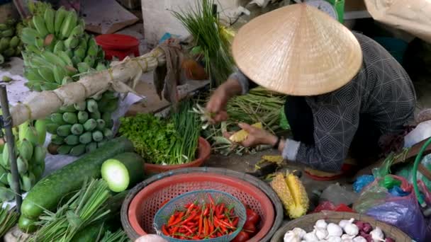 Místní Žena Tradičním Oblečení Prodej Zeleninu Trh Hoi Vietnam Dubna — Stock video